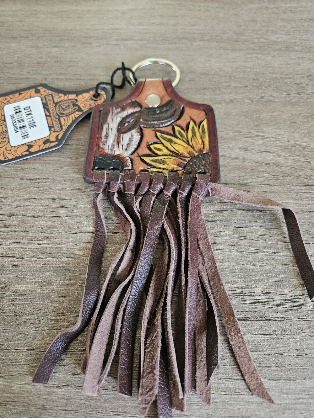 Western Linen-Handpainted Leather Tassel Keychain with Sunflower And Cow-NWT